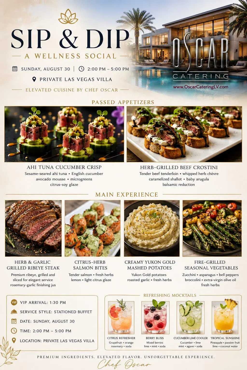 Sip & Dip event menu by Chef Oscar of Oscar Catering: passed appetizers, hibachi mains and mocktails